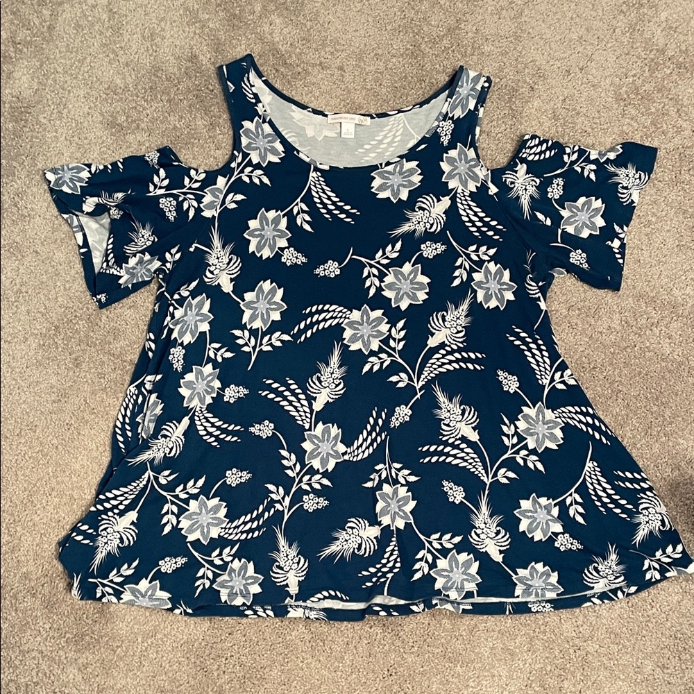Floral Cold Shoulder Blouse - Navy and White